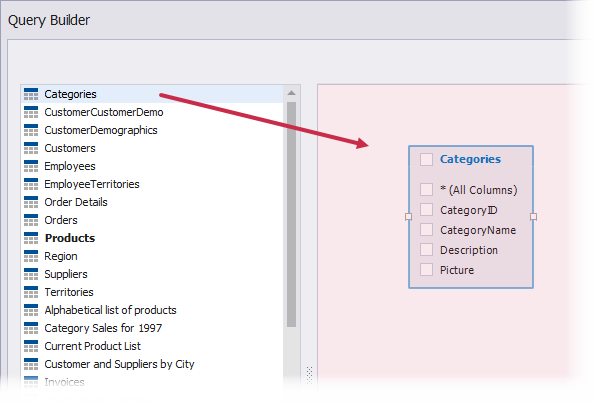 Query Builder: Drag and Drop a Table