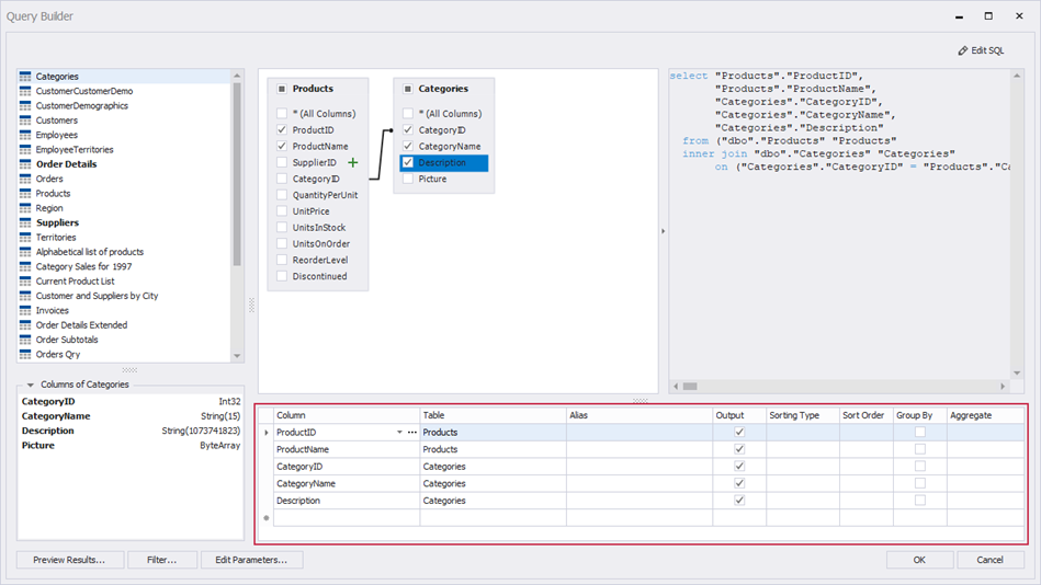 Query Builder: List of Selected Table Columns