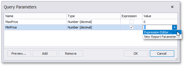 Query Builder: Query Parameters Dialog