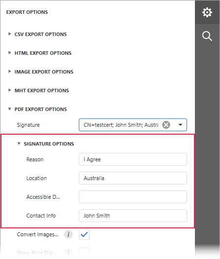Web Document Viewer - PDF Export Options - Signature Options