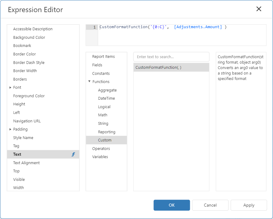 Custom function expression editor for Web