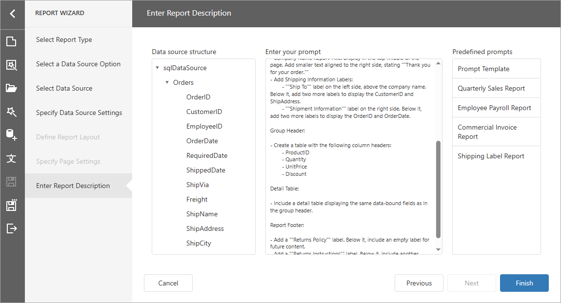 Web Report Designer - Add Data Source Option - Enter Report Description Page