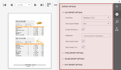 Web Document Viewer - Export Options Panel