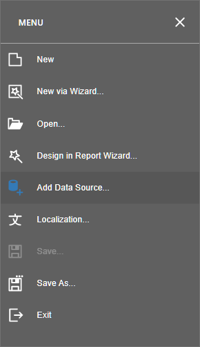 Report Designer Menu Add Data Source