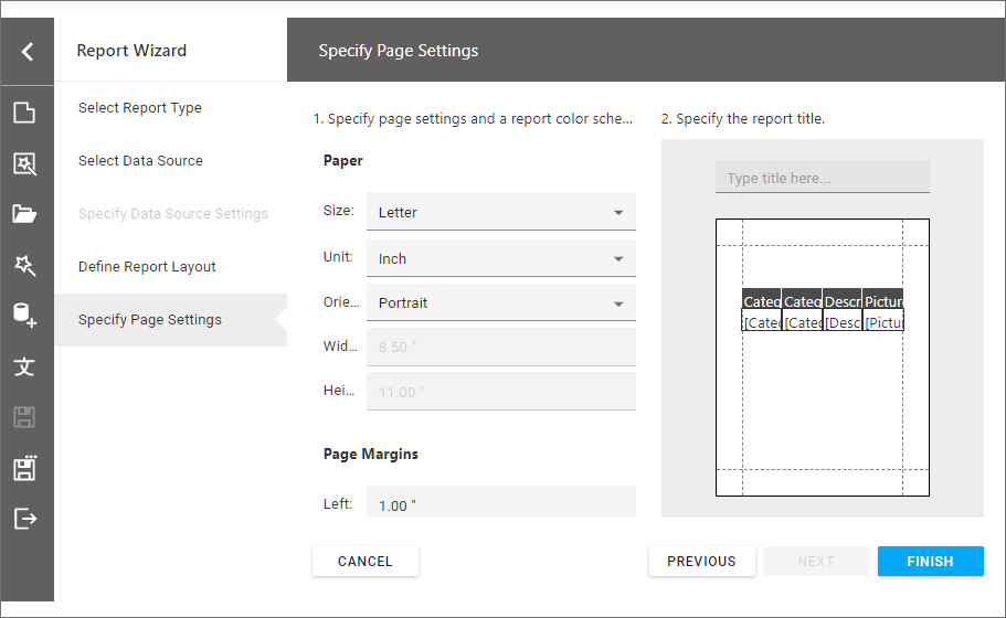 Web Report Wizard Specify Page Settings