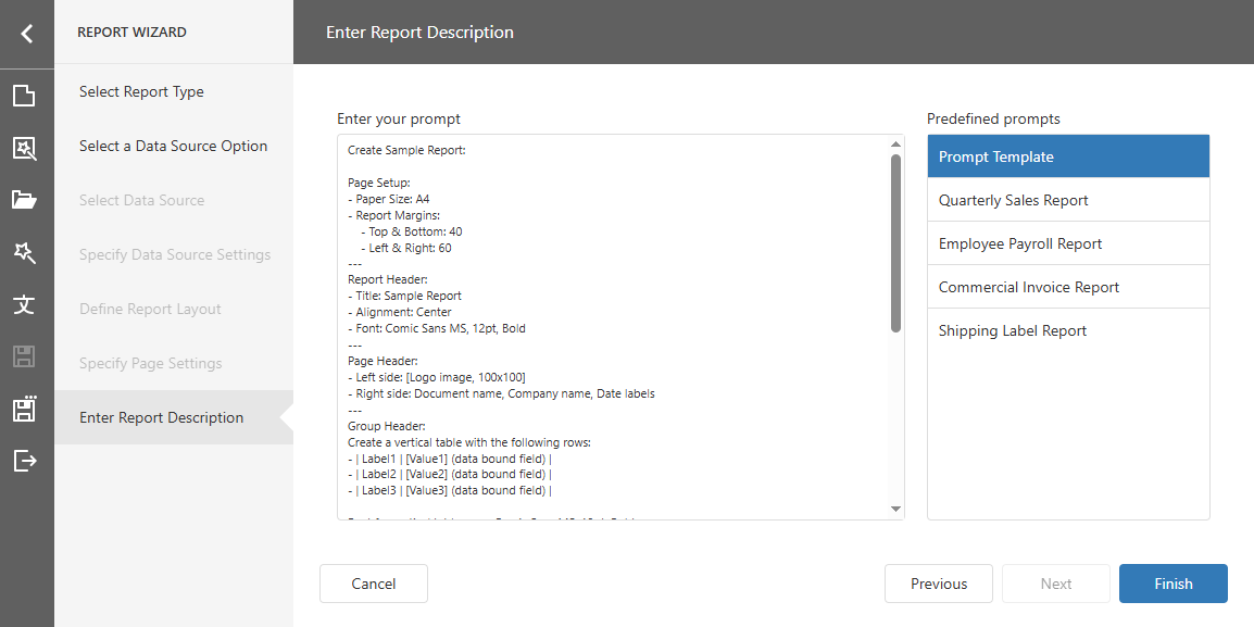 Web Report Designer - No Data Source Option - Enter Report Description Page