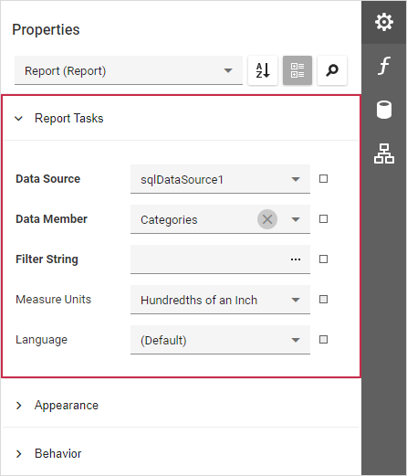 Web Report Designer - Properties Panel with Task Group