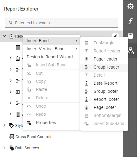 Web Report Designer - Report Context Menu