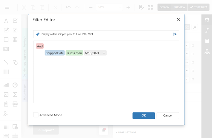 Web Report Designer - AI-powered Prompt-to-Expression in Filter Editor