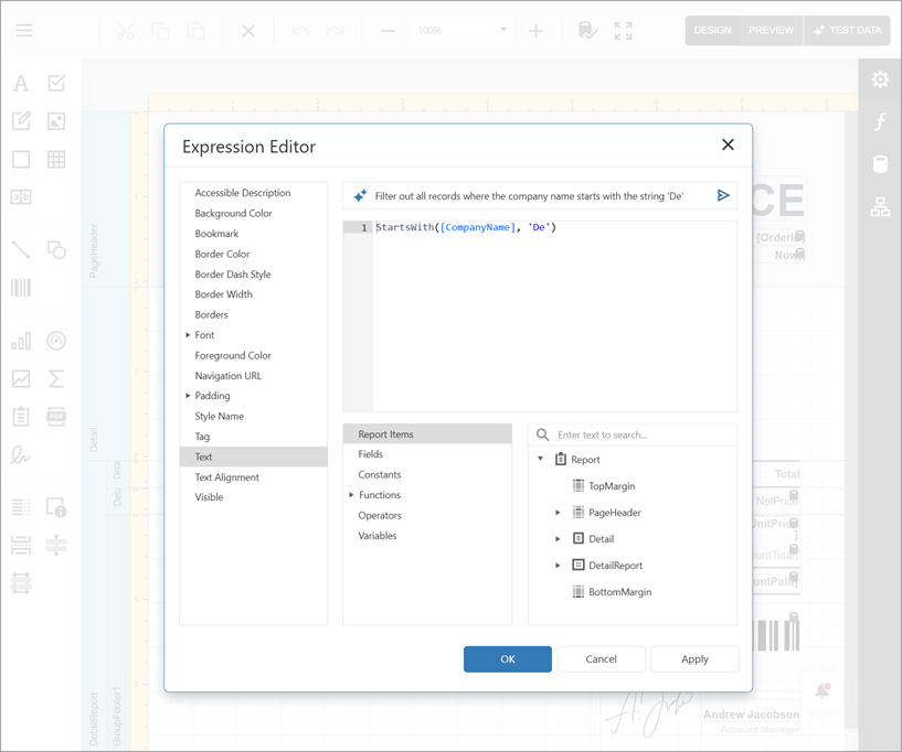 Web Report Designer - AI-powered Prompt-to-Expression