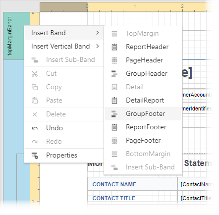 Web Report Designer - Context Menu for Bands