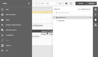 Web Report Designer - Menu