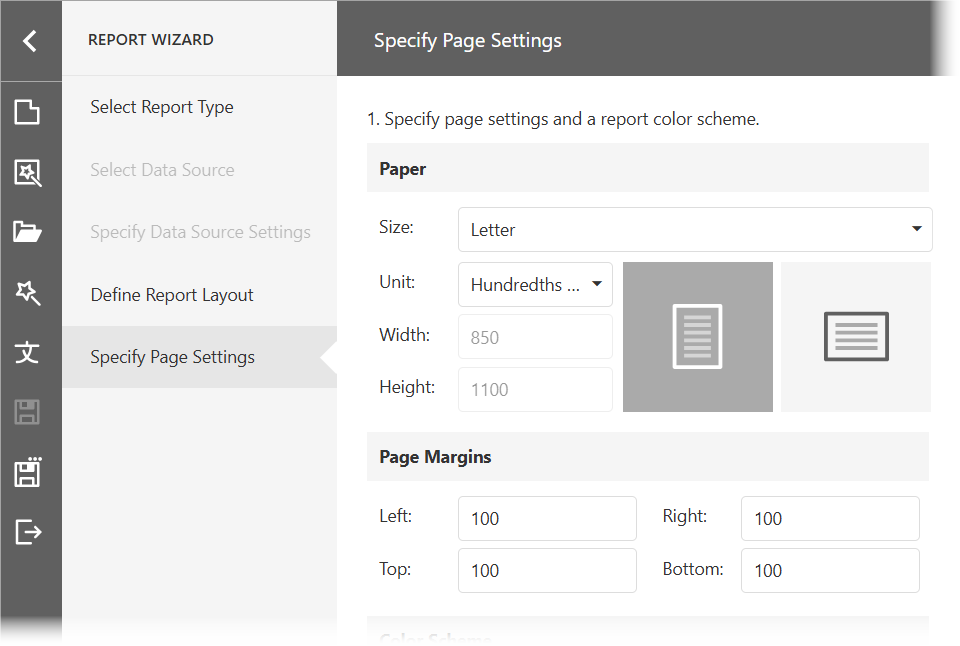 Web Report Wizard - Specify Page Settings Page