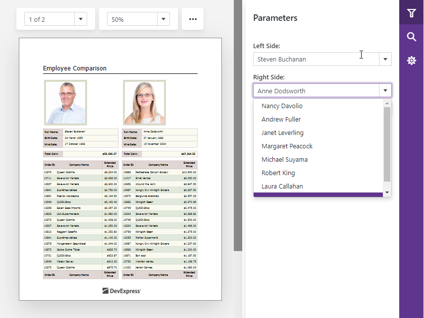Use the Parameters Panel to specify parameter values in a Blazor Report Viewer (Native) application