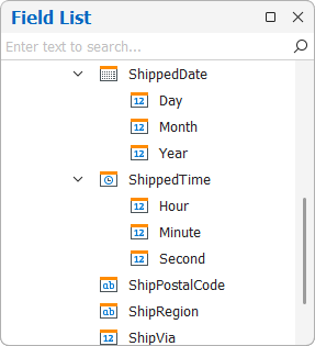 win report designer field list - show date-time components