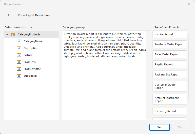 Enter Report Prompt in Report Wizard