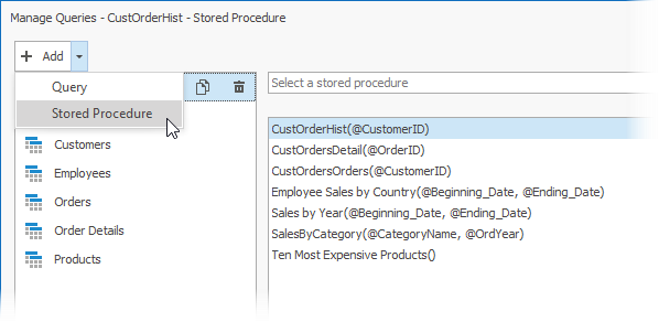 Manage Queries Dialog: Add a Stored Procedure