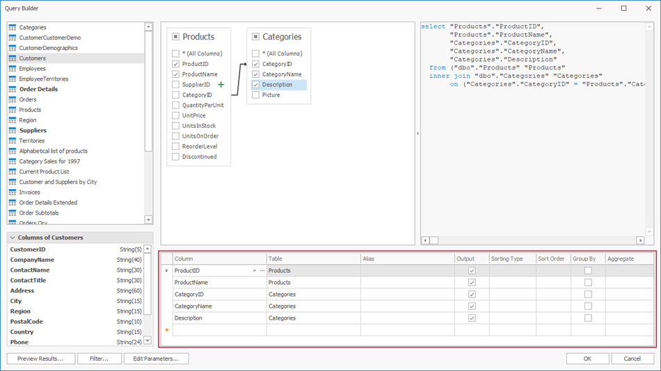 Query Builder: List of Selected Table Columns