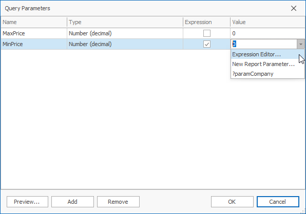 Query Builder: Query Parameters Dialog