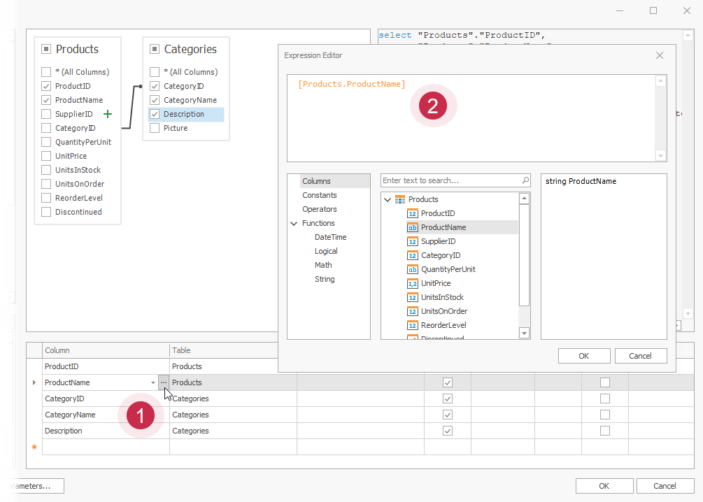 Query Builder: Specify an Expression for a Column