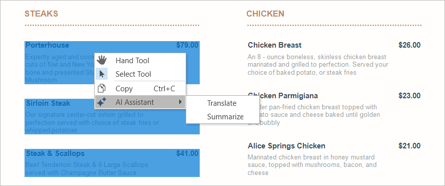 AI Assistant submenu