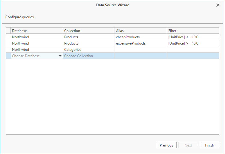 WPF: configure queries to a MongoDB instance in the Data Source Wizard