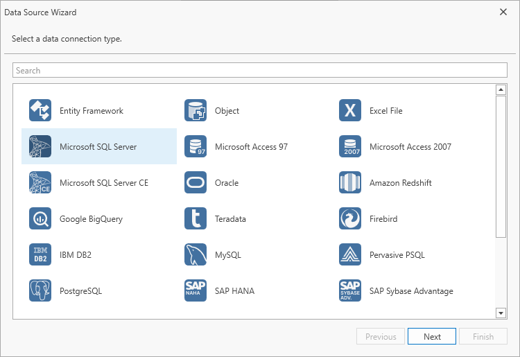 Select data source type in the Data Source Wizard