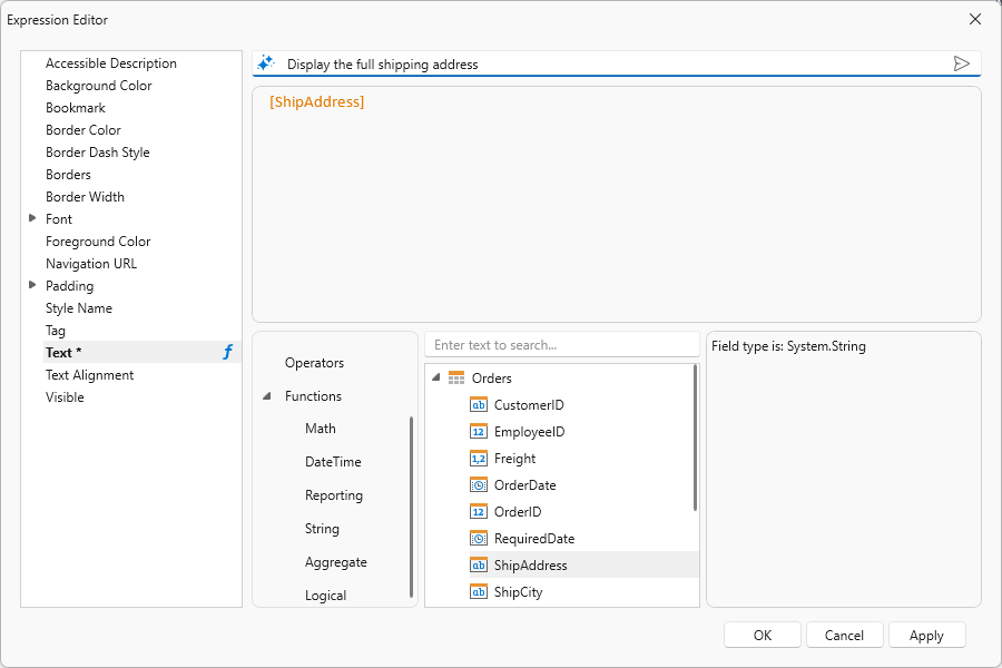 Prompt to Expression - WPF Expression Editor, DevExpress Reports