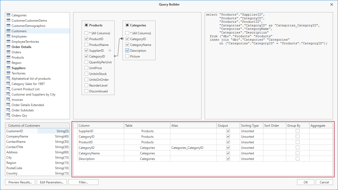 Query Builder: List of Selected Table Columns