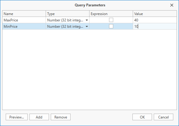 Query Builder: Query Parameters Dialog