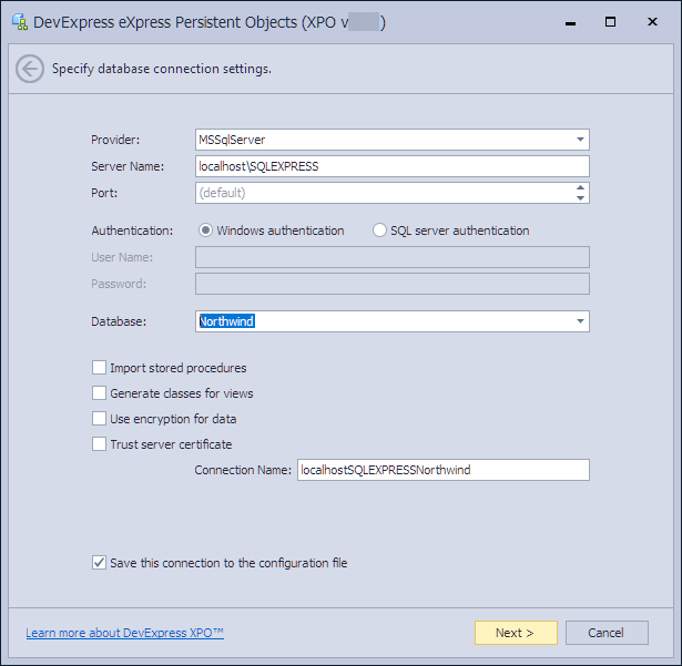 Generate a data model - SQL Server connection string