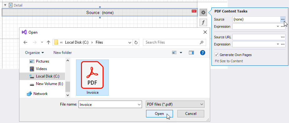 Click the Source property's ellipsis button and select PDF file