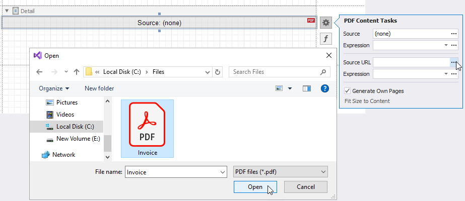Click the Source URL property's ellipsis button and select PDF file