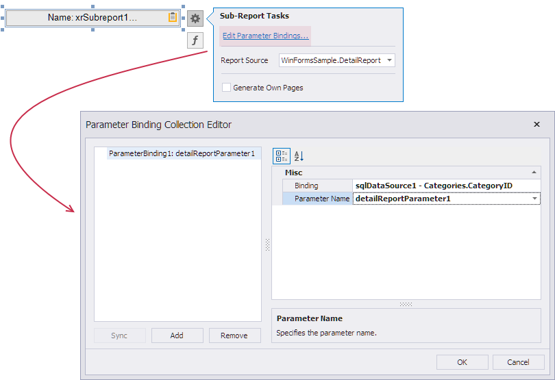 XRSubreport Edit Parameter Bindings