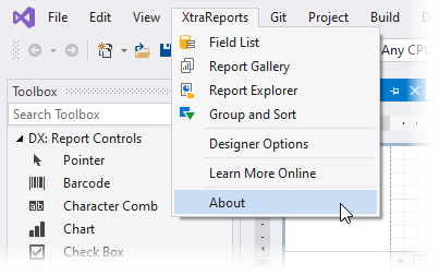 The XtraReports menu