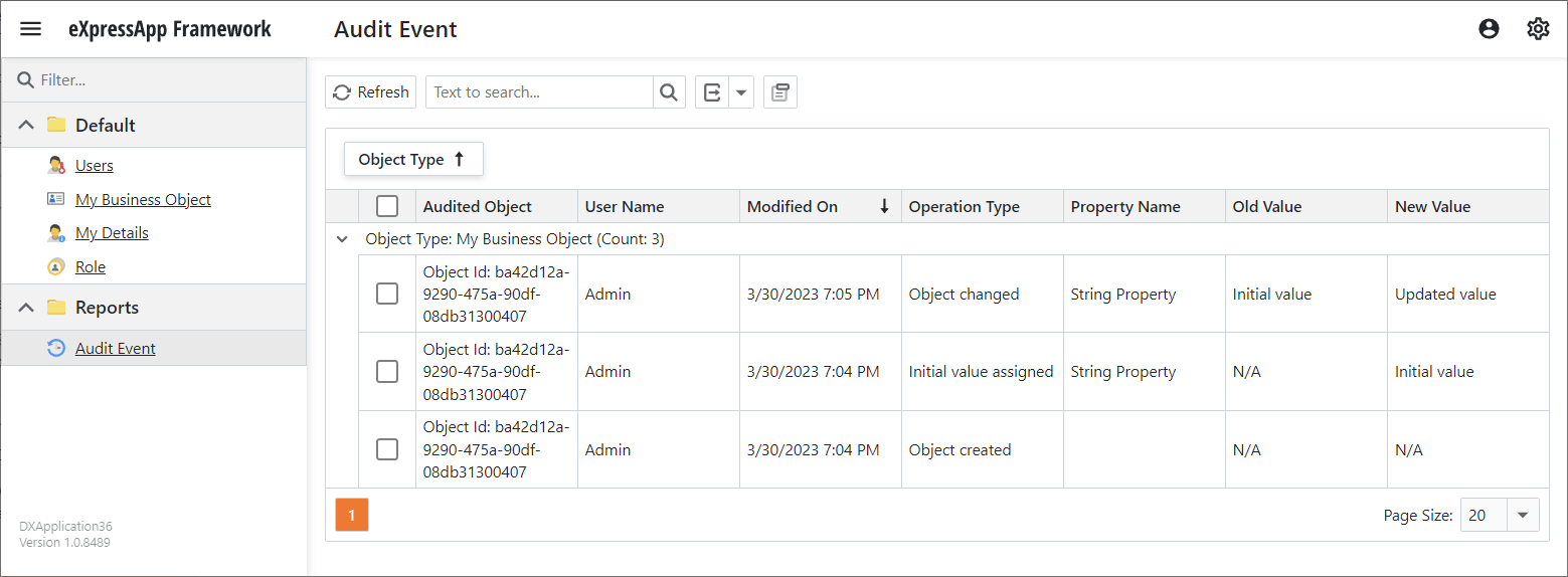 Audit Event View in an ASP.NET Core Blazor application