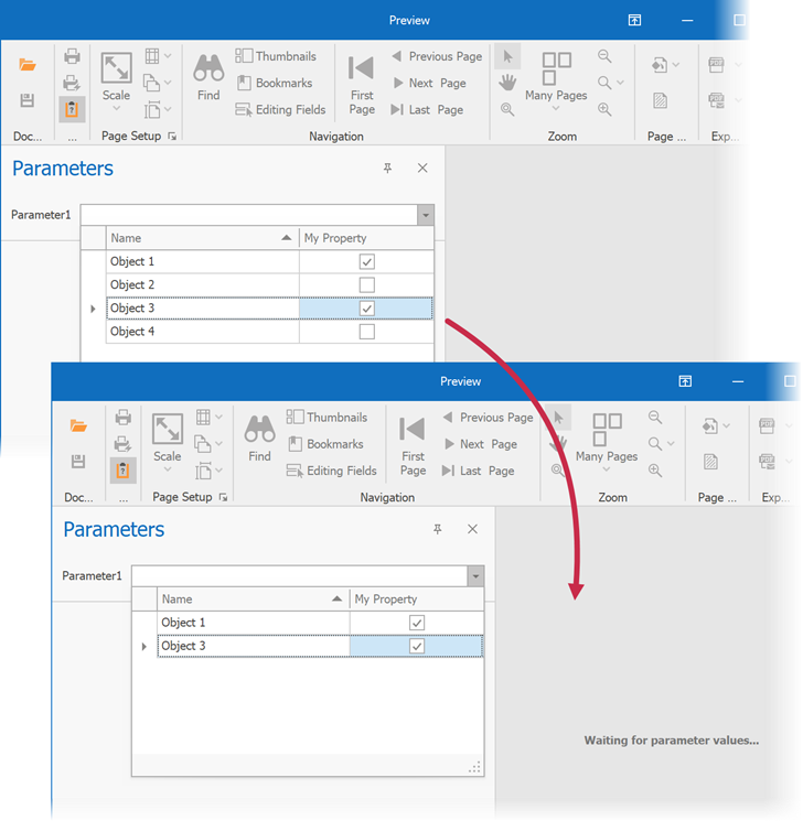 The filtered list of report parameter objects