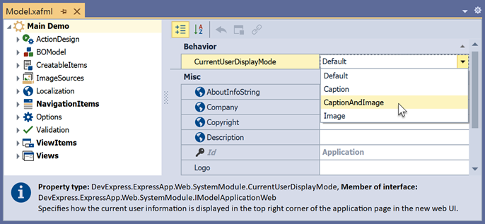 The CurrentUserDisplayMode property in the Model Editor