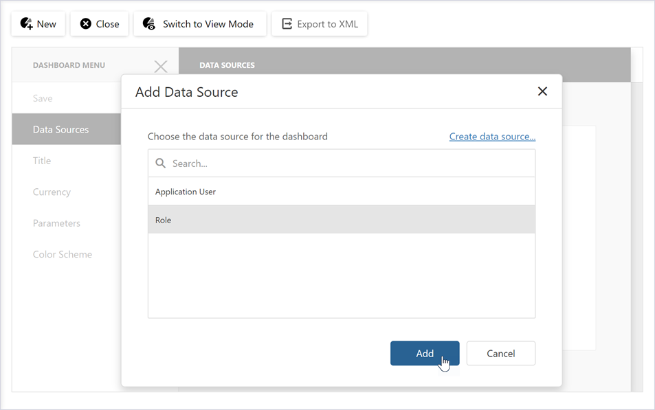 "Create data source" link in the Blazor Dashboard Designer