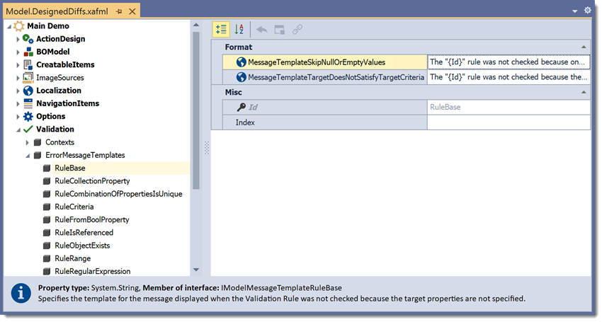 The IModelValidationDefaultErrorMessageTemplates node in the Model Editor