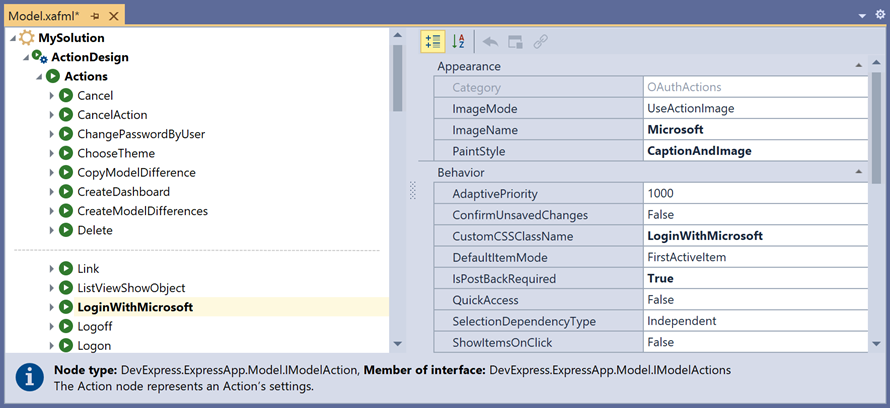 The LoginWithMicrosoft Action in the Model Editor