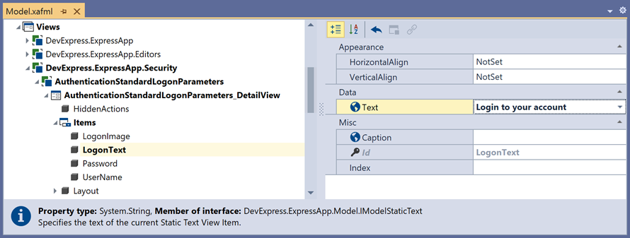 The LogonText layout item in the Model Editor