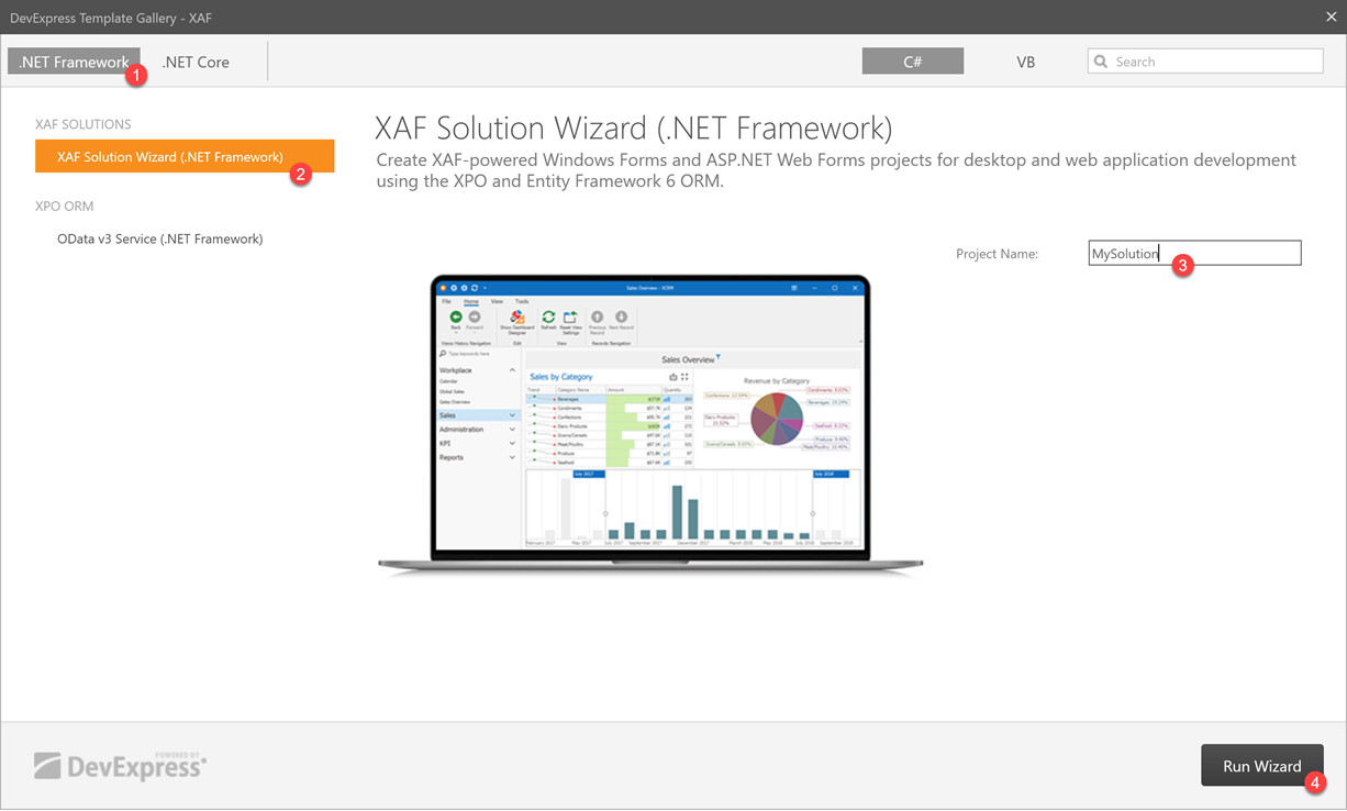 Select "XAF Solution Wizard (.NET Framework)" in the Template Gallery