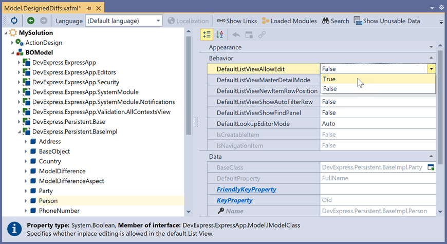 The DefaultListViewAllowEdit property in the Model Editor