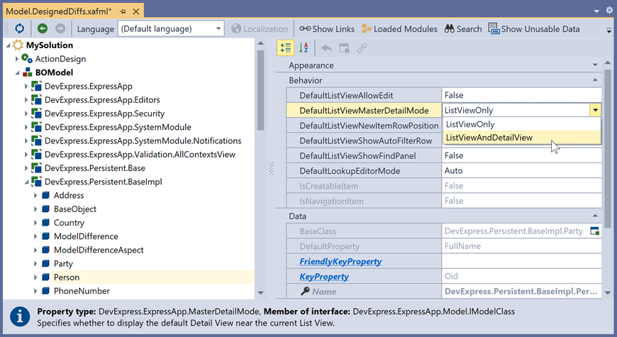 The DefaultListViewMasterDetailMode property in the Model Editor