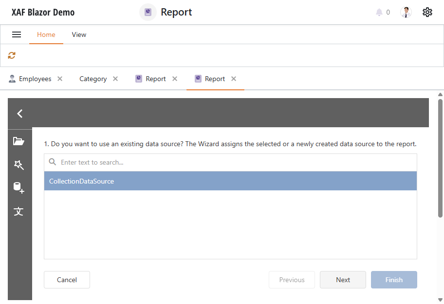 XAF ASP.NET Core Blazor ReportsV2 Select Data Source Type, DevExpress