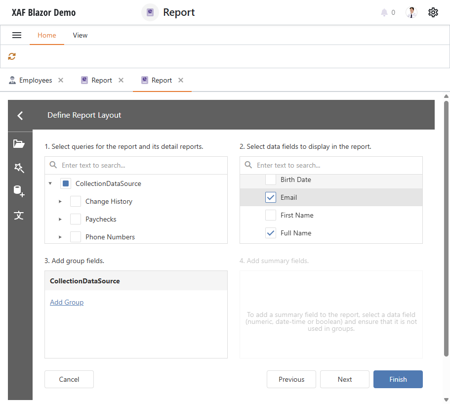 XAF ASP.NET Core Blazor ReportsV2 Wizard Report Layout, DevExpress