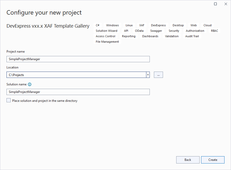 Specify a name for the new XAF ASP.NET Core Blazor project
