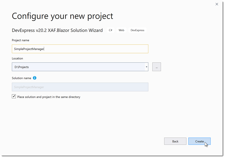 Specify a name for the new XAF Blazor project