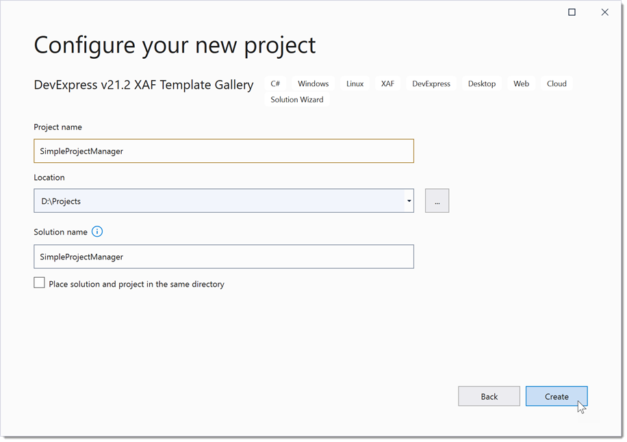 Specify a name for the new XAF ASP.NET Core Blazor project